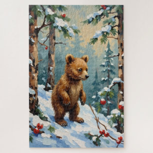 Vintage Bear Cub in Snowy Pine Forest Christmas Jigsaw Puzzle