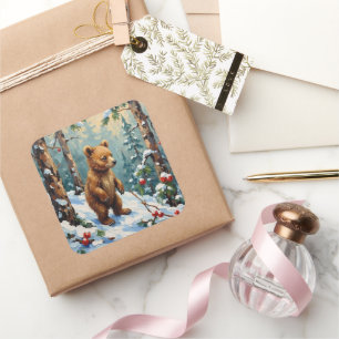 Vintage Bear Cub in Snowy Pine Forest Christmas Square Sticker