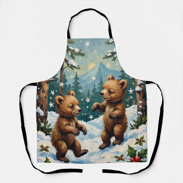 Vintage Bear Cubs Playing in Snowy Christmas Apron (Front)