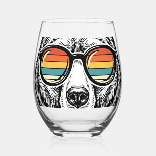 Vintage Bear Sunglasses Vector Graphic Design_1 Stemless Wine Glass
