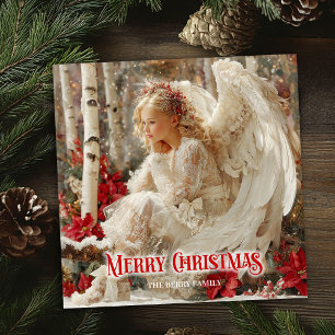 Vintage beautiful angel red poinsettias holiday  card