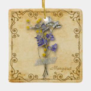 Vintage Beautiful Beige Dried Flowers with Name Ceramic Ornament