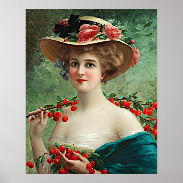 Vintage Beautiful Lady, Flower Hat & Cherries Poster (Front)