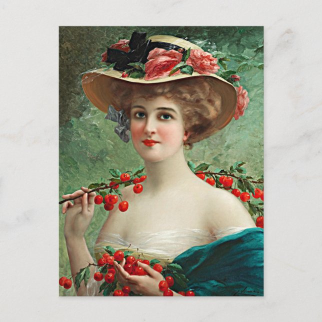 Vintage Beautiful Lady, Flowered Hat & Cherries Postcard (Front)