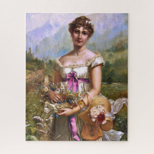 Vintage Beautiful Lady Pink Ribbon White Flowers Jigsaw Puzzle