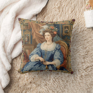 Vintage,Beautiful Noblewoman in a Blue Dress Throw Pillow