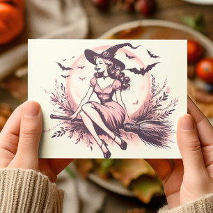 Vintage Beautiful Witch On Broom Stick Postcard