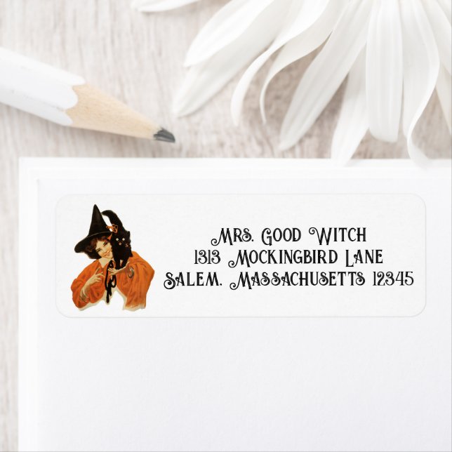 Vintage Beautiful Witch with Black Cat On Shoulder (Insitu)