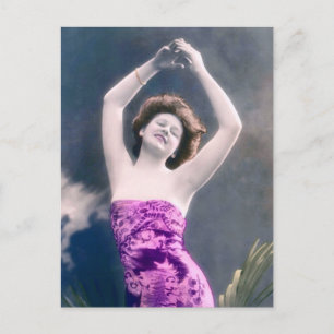 vintage beauty hands over head dancing postcard