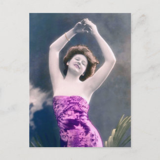 vintage beauty hands over head dancing postcard