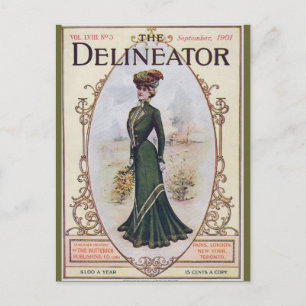 Vintage Beauty in Green Dress Postcard