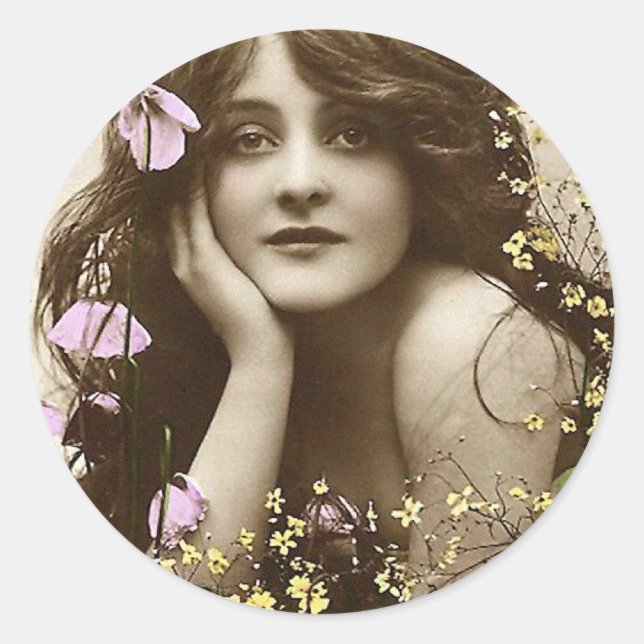 Vintage Beauty with Flowers Classic Round Sticker (Front)