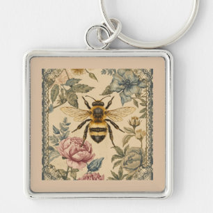 Vintage, Bee and Flowers Garden, Honey Bee Keychain