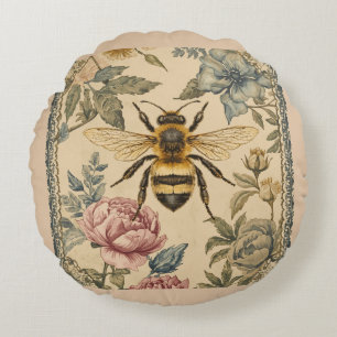 Vintage, Bee and Flowers Garden, Honey Bee Round Pillow