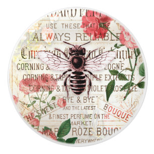 Vintage Bee and Roses Collage Ceramic Knob