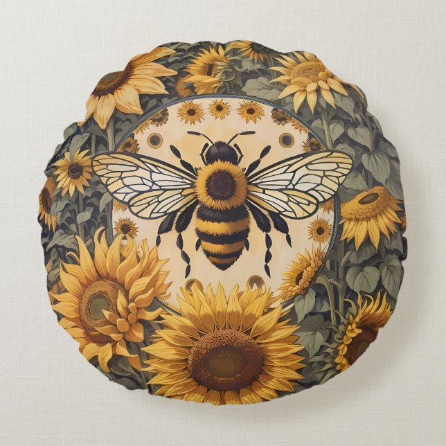 Vintage Bee and Sunflowers  Round Pillow (Front)