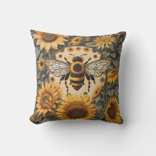 Vintage Bee and Sunflowers Throw Pillow