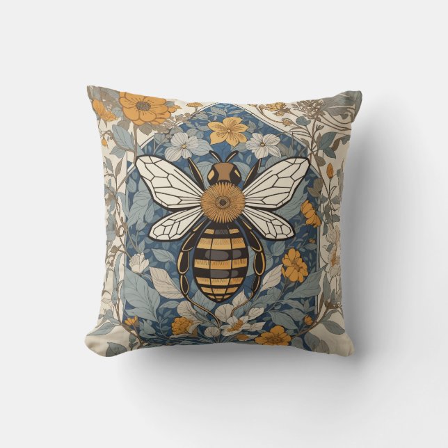 Vintage Bee and Wild Flowers Throw Pillow (Front)
