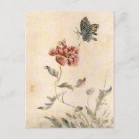 Vintage Bee, Butterfly and Poppy Watercolor