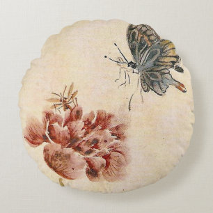 Vintage Bee, Butterfly and Poppy Watercolor Round Pillow