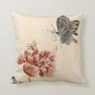 Vintage Bee, Butterfly and Poppy Watercolor Throw Pillow