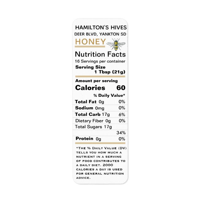 Vintage Bee Gold 2020 Nutrition Facts Honey Label (Front)
