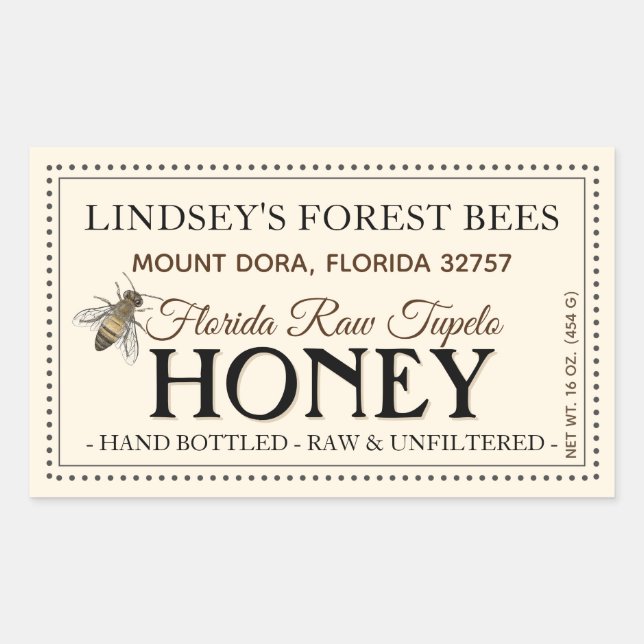 Vintage Bee Honey Label Hand Bottled Raw (Front)