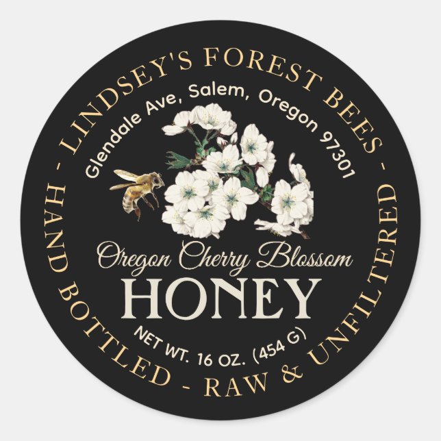 Vintage Bee Honey Label Hand Bottled Raw Black (Front)