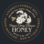 Vintage Bee Honey Label Hand Bottled Raw Black<br><div class="desc">Central design features a branch of fruit blossoms (cherry) and a realistic honeybee in flight. Personalize with your apiary name, address and honey description (raw, hand bottled, single source etc.). Also include your honey net weight. Common honey net weight conversions: 8oz (227g), 12oz (340g), 16oz (454g), 32oz (907g), 5lb (2.27kg)....</div>
