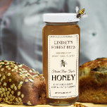 Vintage Bee Honey Label Hand Bottled Raw Queenline<br><div class="desc">Central design features a vintage honey bee illustration. Personalize with your apiary name,  address and honey description (raw,  hand bottled,  single source etc.). Also include your honey net weight. Common honey net weight conversions: 8oz (227g),  12oz (340g),  16oz (454g),  32oz (907g),  5lb (2.27kg).</div>
