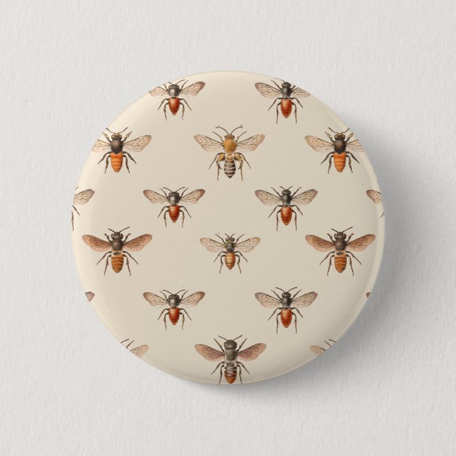 Vintage Bee Illustration Pattern 2 Inch Round Button (Front)