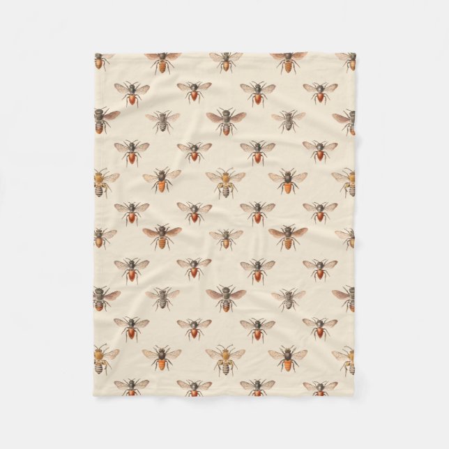 Vintage Bee Illustration Pattern Fleece Blanket (Front)