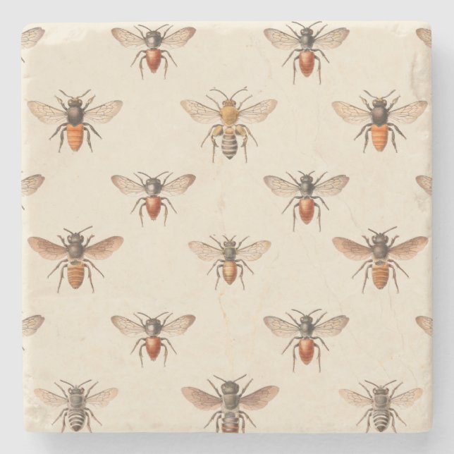 Vintage Bee Illustration Pattern Stone Coaster (Front)