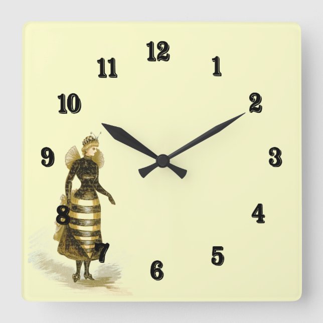 Vintage Bee Lady Square Wall Clock (Front)