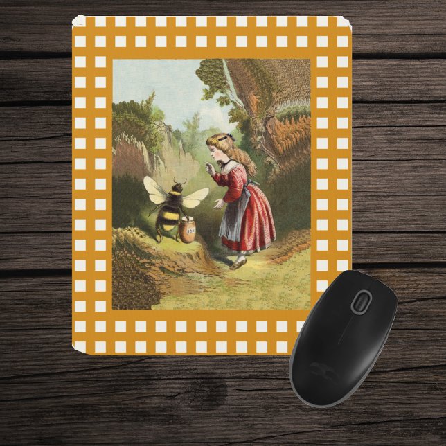 Vintage Bee Little Girl Honey Pot Mouse Pad (Victorian girl in woods talking to bee with pot of honey framed in checkered pattern on mousepad.)