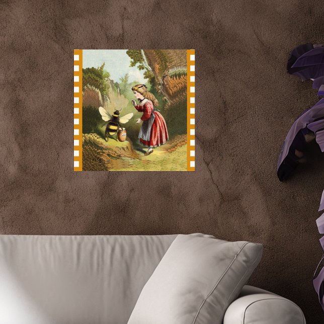 Vintage Bee Little Girl Honey Pot Poster (Victorian girl in woods talking to bee guarding his pot of honey checkered border on wall poster.)