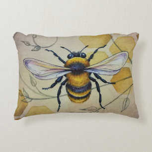 Vintage Bee No. 1 and Honeycomb Watercolor Art Accent Pillow