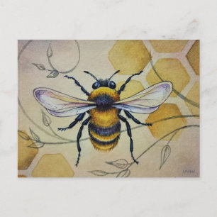 Vintage Bee No. 1 and Honeycomb Watercolor Art Postcard