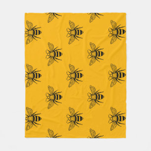 Vintage Bee Pattern, Black Yellow. Fleece Blanket