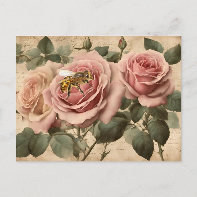 Vintage  Bee  Pink Roses Decoupage  Postcard (Front)