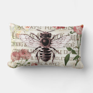 Vintage Bee Rose Bouquet Ephemera Decoupage Lumbar Pillow