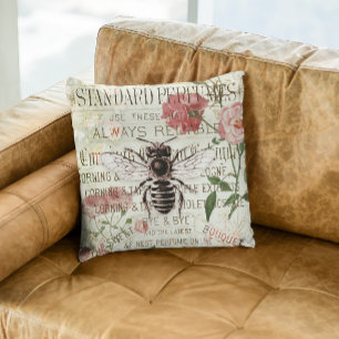Vintage Bee Rose Bouquet Ephemera Decoupage Throw Pillow