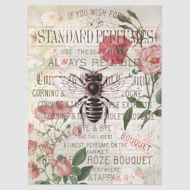 Vintage Bee Rose Bouquet Ephemera Decoupage Tissue Paper (Front)
