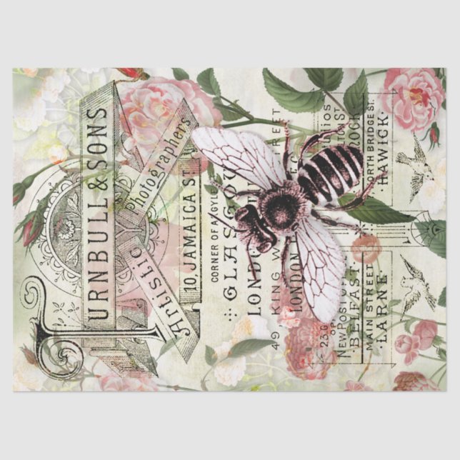 Vintage Bee Rose Bouquet Ephemera Decoupage Tissue Paper (Front)