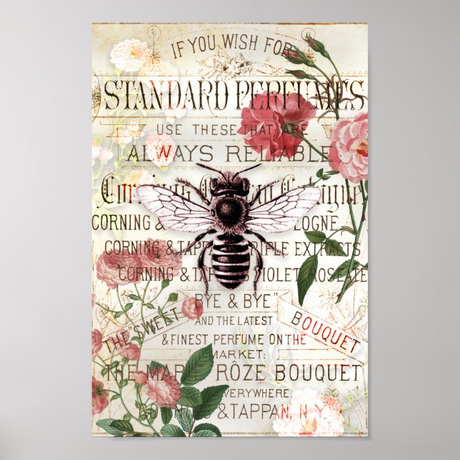 Vintage Bee Rose Bouquet Ephemera Poster (Front)