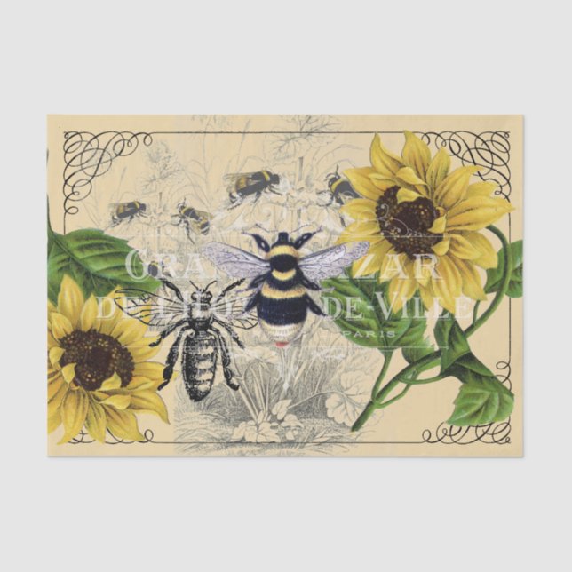 Vintage Bee Sunflower Cream Nature Tissue Paper (Front)