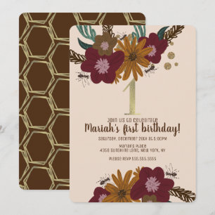 Vintage Bee Sunflower Floral First Birthday Invitation