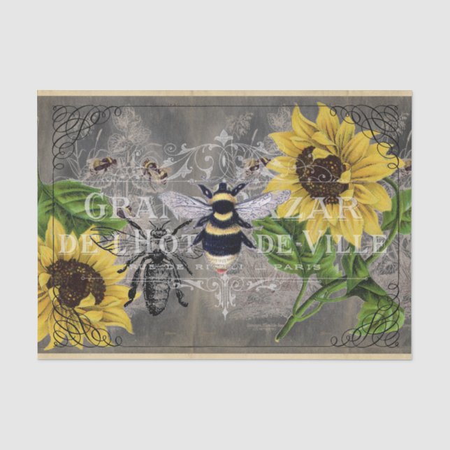 Vintage Bee Sunflower Grey Chalkboard Tissue Paper (Front)