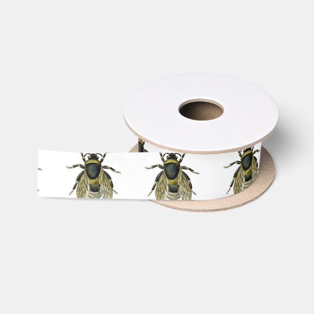 Vintage Bee Typographic Antique Insect Art Drawing Satin Ribbon (Spool)