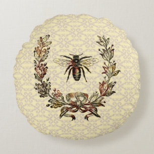 Vintage Bee Wreath Round Pillow